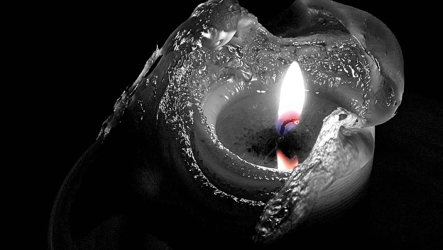 close-up photo, lighted, Colored, Flame, Candle, colored, flame, the flame, glowing, black white, burning