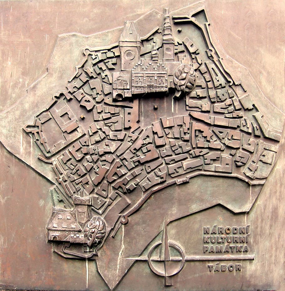 Map, Tabor, Czech Republic, Relief, bronze relief, orientation, plan, city view, bronze, architecture