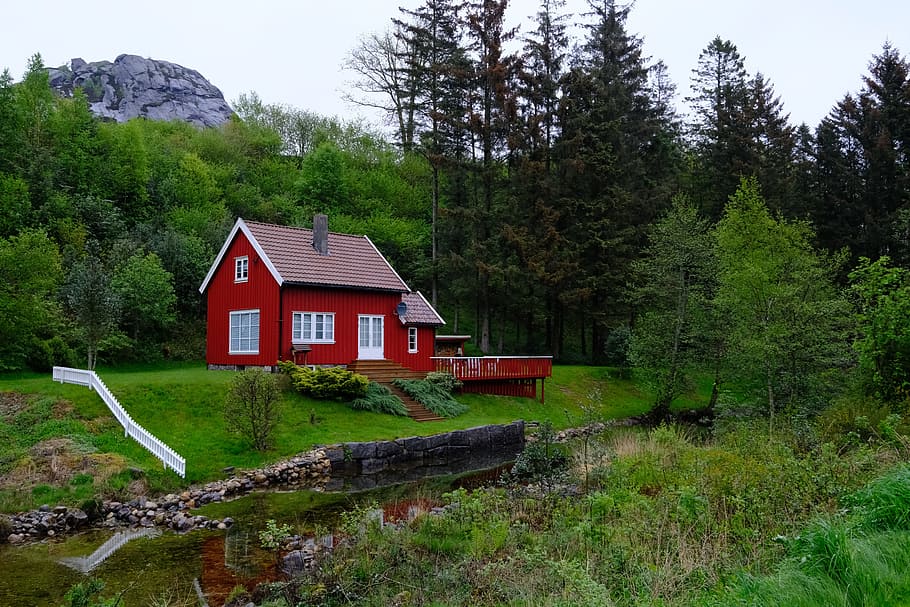 Home, Spring, Rest, Norway, summer, scandinavia, holiday, building, idyllic, red