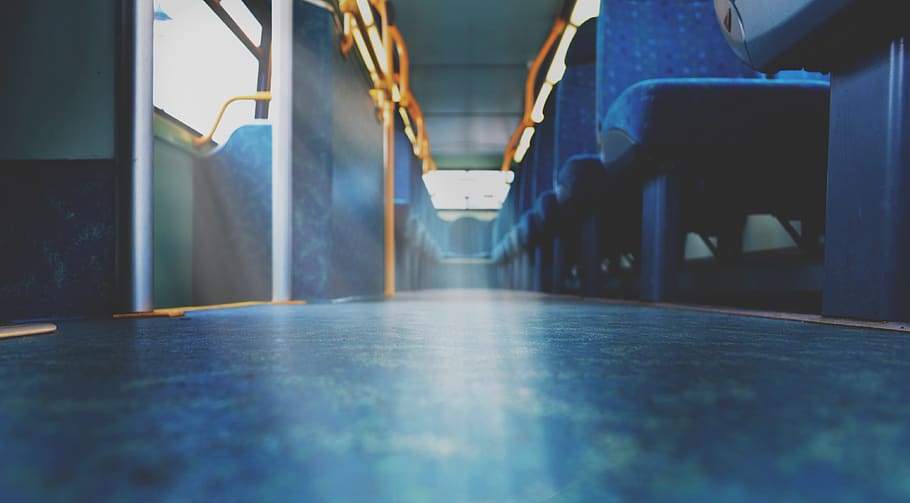 penumpang, kendaraan, transportasi, lantai, duduk, perjalanan, bus, dalam ruangan, biru, kosong